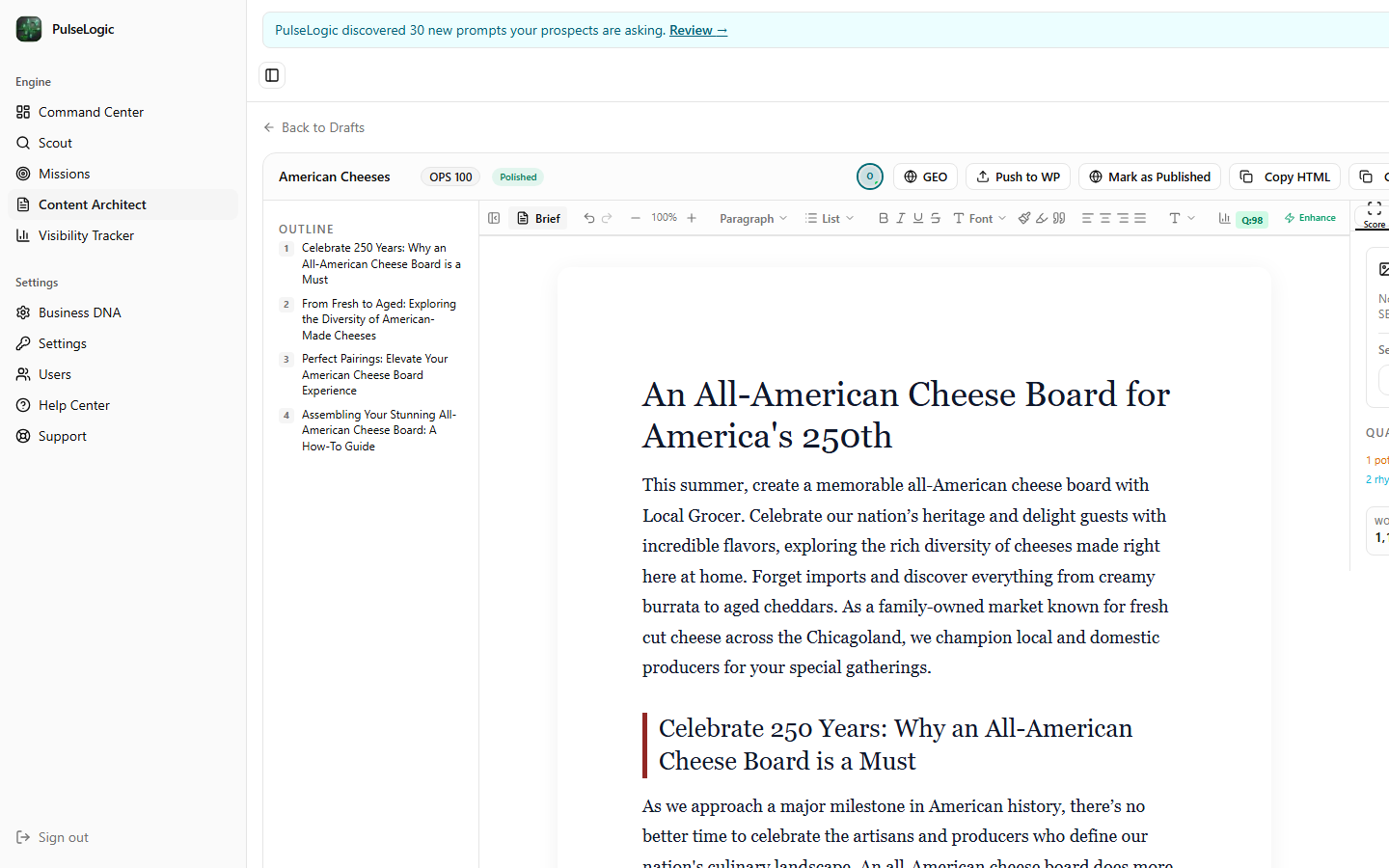 The Content Architect editor, showing a numbered outline column, the drafted article on the canvas, a quality score, and the publish controls across the top.