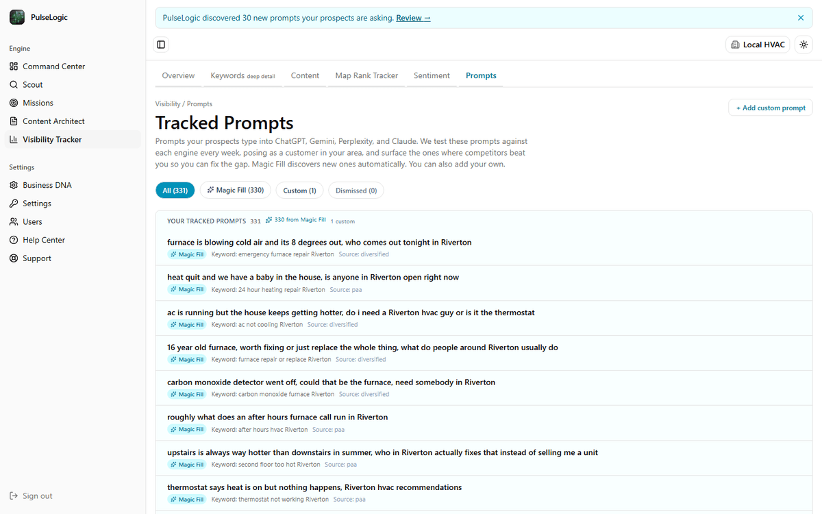 The tracked prompts view for an HVAC contractor, listing the questions buyers type into AI assistants with the keyword behind each one.